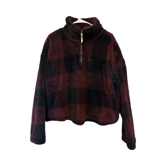 Buffalo Plaid Sherpa Half Zip Pullover Jacket – Burgundy Black – Women’s Medium - Picture 3 of 9